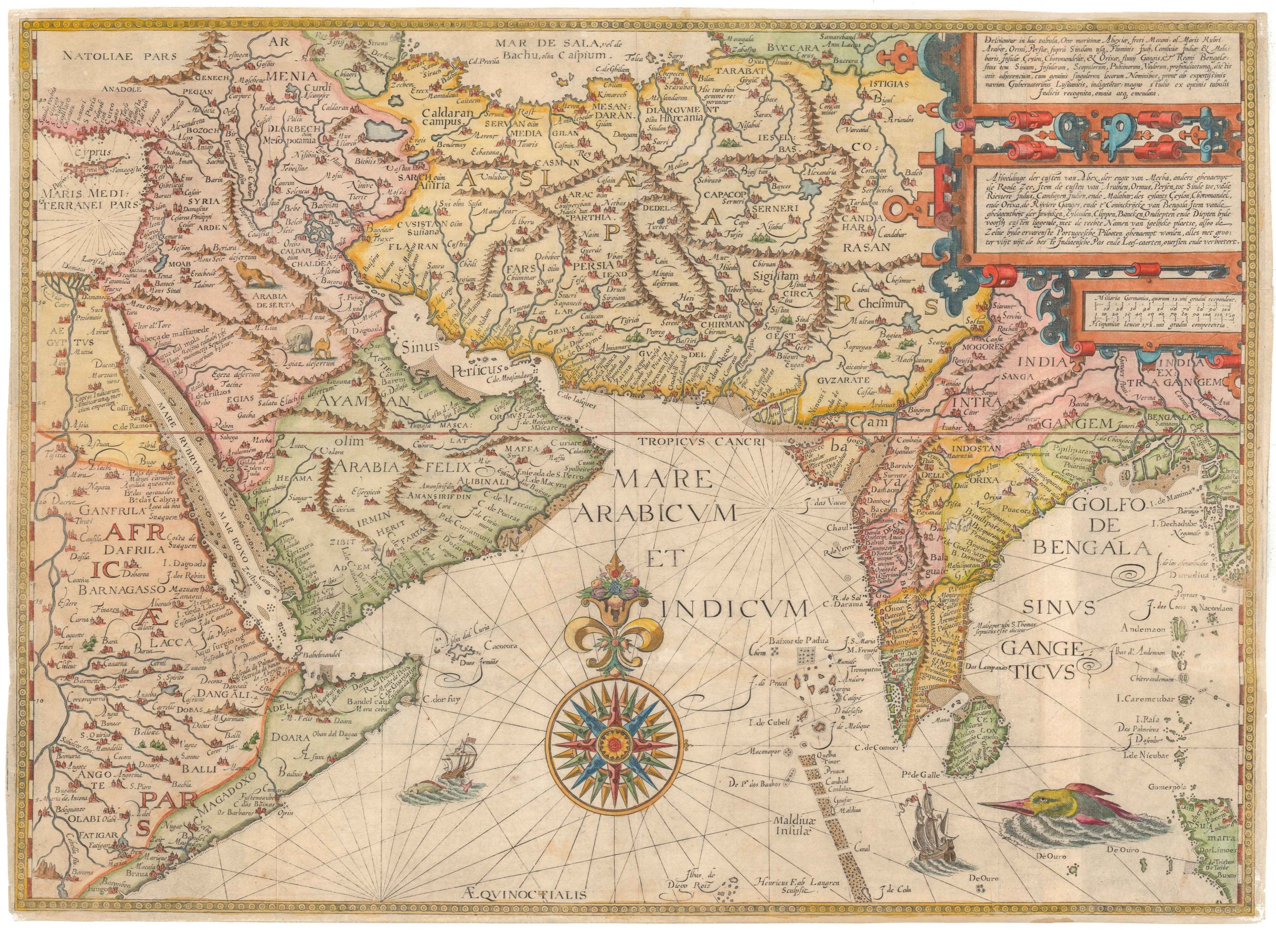 Deliniantur in hac Tabula, Orae Maritimae Abexiae, Freti Mecani; al Maris Rubri; Arabiae, Ormi, Persiae, Supra Sindam usq, Fluminis Indi, Cambriae India & Malabaris, Insulae, Ceylon