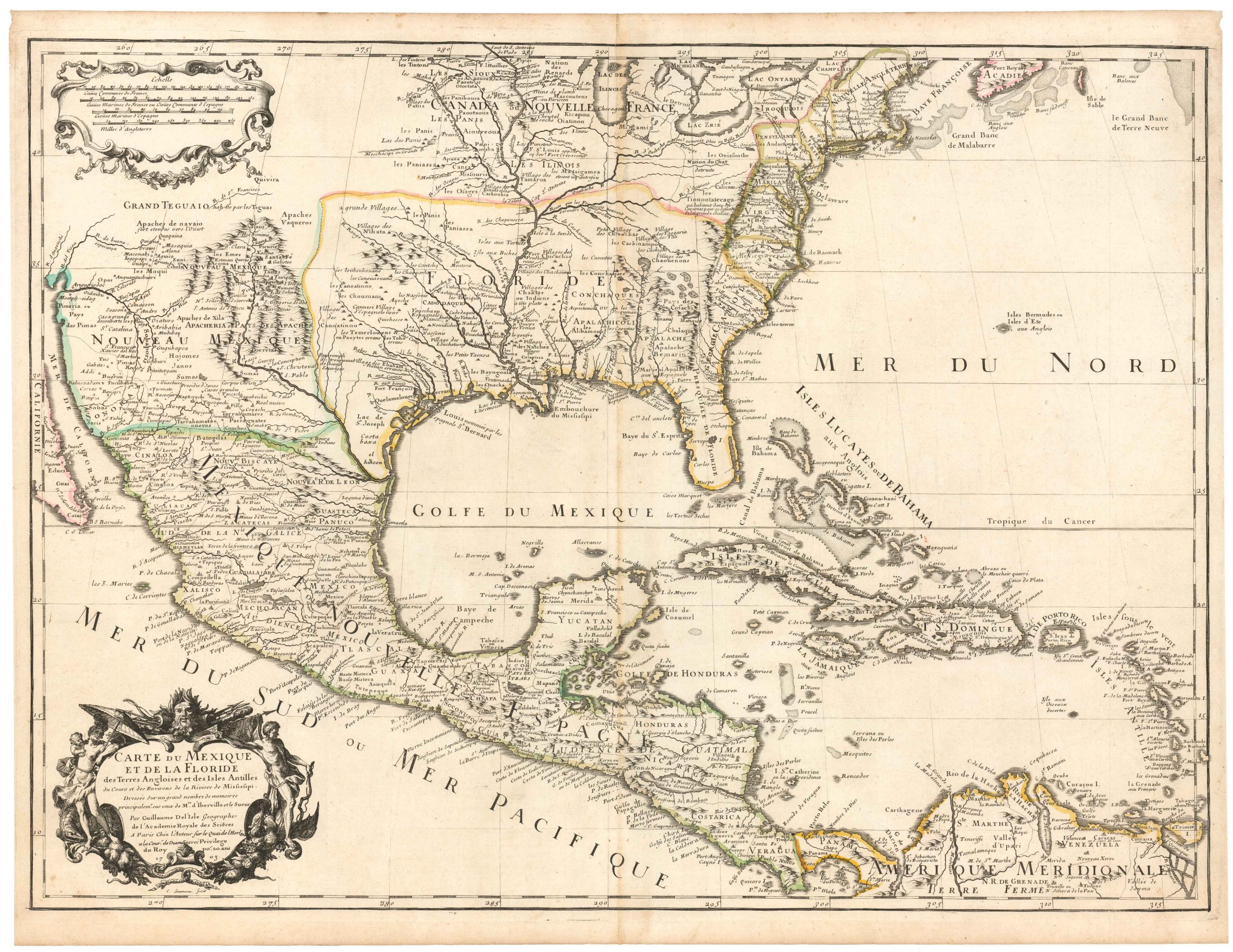 Carte Du Mexique et de la Floride des Terres Angloises et des Isles Antilles du Cours et des Environs de la Riviere Mississipi