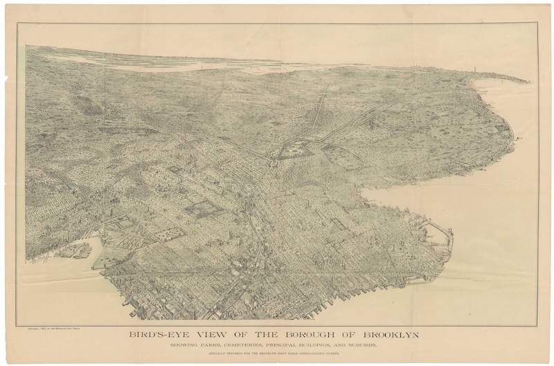 Bird's-eye view of the borough of Brooklyn showing parks, cemeteries, principal buildings, and suburbs.